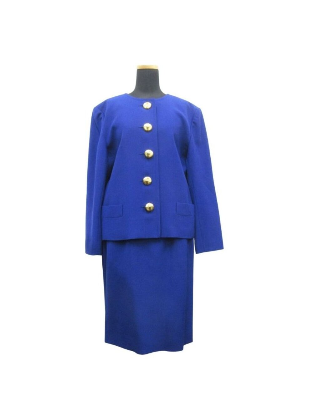 Saint Laurent Set Suit Collarless Jacket Full Lining Skirt Gold Button Vintage